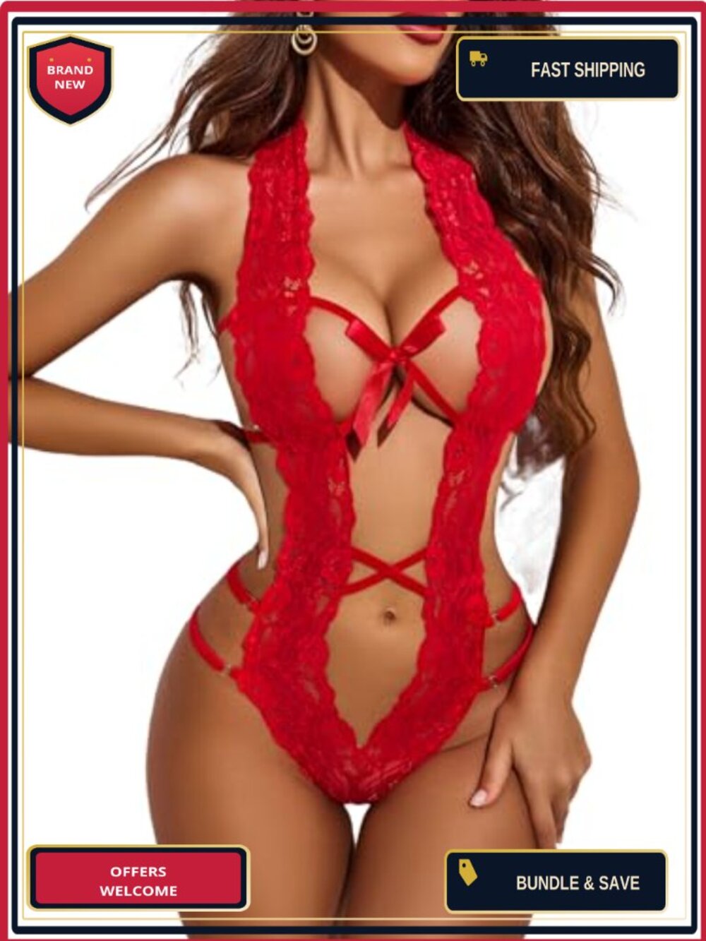 Lace One Piece Bodysuit Halter Teddy Deep V Lingerie Sleepwear